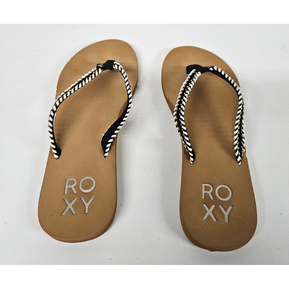 Roxy Womens Braided Strap Flip Flop Sandals Black White Gold Tan Size 7